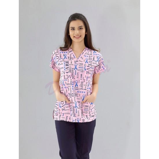 Desenli Yarasa Kol Modeli Cerrahi Takım ( Terikoton İnce Kumaş) Love Hope Pembe