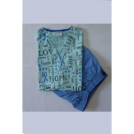 Desenli Yarasa Kol Modeli Cerrahi Takım ( Terikoton İnce Kumaş) Love Hope Yeşil