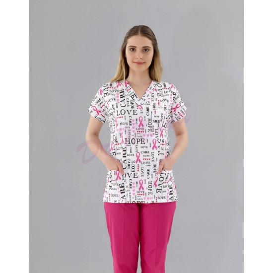 Desenli Yarasa Kol Modeli Cerrahi Takım ( Terikoton İnce Kumaş) Love Hope Beyaz