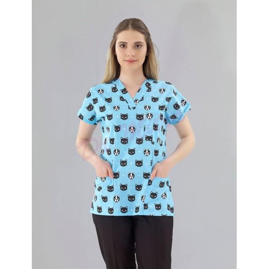 Desenli Yarasa Kol Modeli Cerrahi Takım ( Terikoton ince Kumaş) Kedi Desen Turkuaz